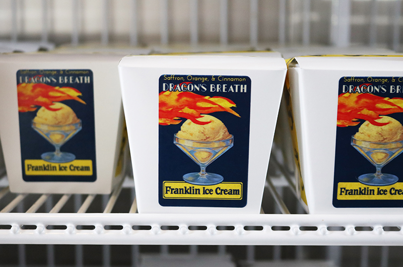 "Dragon's Breath" pints in the freezer at the Franklin Ice Cream Bar. Photo credit: The Franklin Fountain.